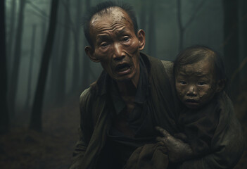 An elderly Chinese man holding a toddler boy in his arms, running movement, tense face, in gloomy mountain forest, front view, close focus, scary eerie with dim light