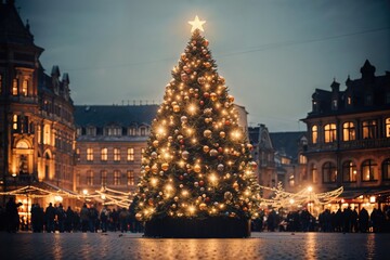 Fototapeta na wymiar Christmas Tree in Town Square - A large, festively lit Christmas tree in a bustling town square - AI Generated