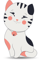 Fototapeta na wymiar Cartoon character neko cat. Vector illustration of white fat cat with a raised paw, holding red fish,Japanese symbol of good luck, wealth and well-being.