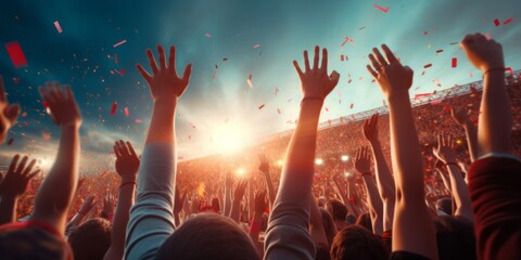 People hands rise up to celebrating party, sport winning, national event and holiday. Generative AI  - Powered by Adobe