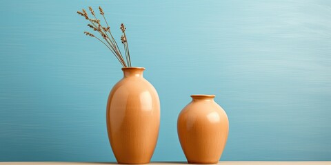 Pair of vases on beige backdrop. Sky blue vase, medium size, with brown grooves, and a small beige vase.