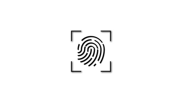 Black fingerprint icon centered within focus brackets animated on a white background.