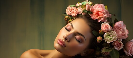 Studio with flowers, crown, and woman promoting skincare and beauty with a relaxed and natural aesthetic. Jungle serves as a backdrop for cosmetics, emphasizing relaxation and a zen atmosphere - obrazy, fototapety, plakaty