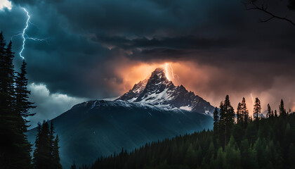 A tall mountain peak towers in stormy skies, with a lone lightning bolt striking its summit amidst dark forests below
