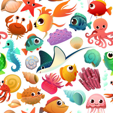 underwater world of animals, fish and plants. Tropical species. Picture seamless pattern. Object isolated on white background. Cartoon fun style Illustration vector