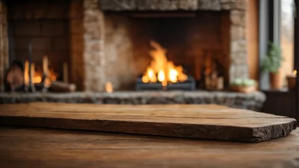 Tuinposter Empty dark wooden table on living room interior background with fireplace, lit fire, blurred bokeh, for product display montage, high quality photo and space for text © anandart