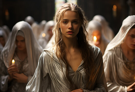 A blonde woman standing in middle of  group of  women in transparent gossamer priestess veil and robes praying in a temple church 