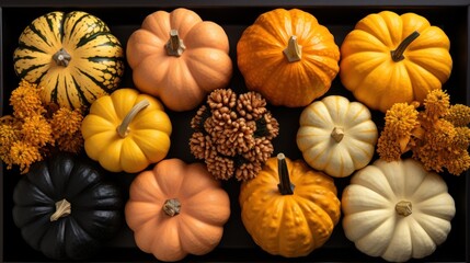 Obraz na płótnie Canvas A vibrant assortment of pumpkins and gourds in a variety of colors and shapes, with complementary autumnal flowers, beautifully arranged for a festive fall display.