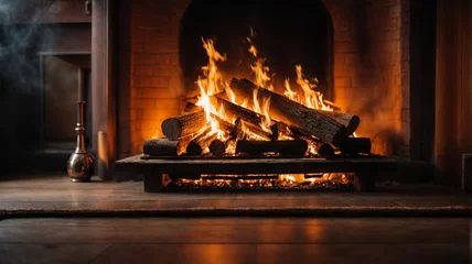 Foto op Aluminium Empty dark wooden floor in living room interior background with fireplace, lit fire, blurred bokeh, for product display montage, high quality photography and space for text © anandart