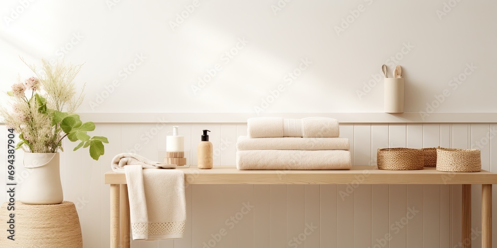 Canvas Prints Beige spa bathroom with towels on white desk and accessories near white wall.