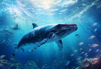 Fototapeta premium A whale swim in the sea and are surrounded by small fish soft light reflecting in the seawater, scenery of the underwater world