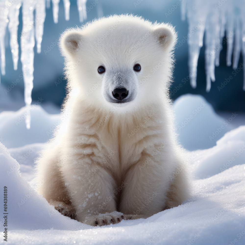 Wall mural baby polar bear in the snow. ai generative