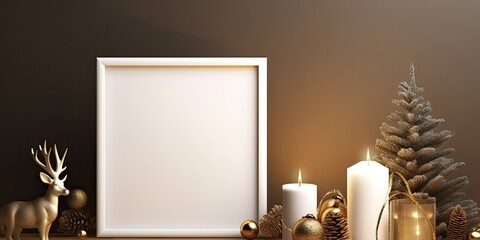Christmas decorations with pine branches, candle, deer, and mock-up poster frame for presenting works and text. Template.