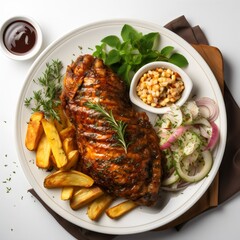 Roasted chicken with potatoes on dark plate. Grey background. Close up. Top view.Spicy bbq chicken legs with grilled oranges, onions,
