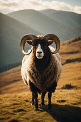 A beautiful ram with horns at sunset against the backdrop of picturesque nature, mountains.