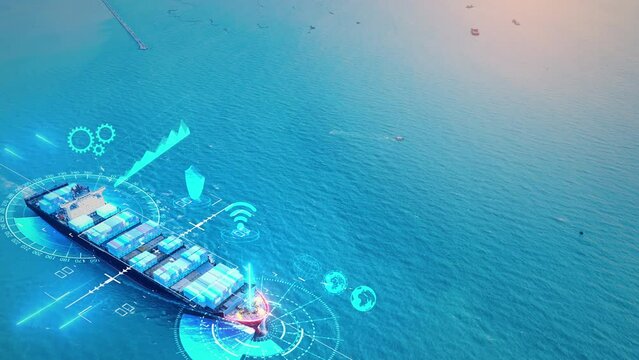 AI technology. Global Logistics international delivery concept, World map logistic and supply chain network distribution container Ship running for export import to customs cean concept isometric	
