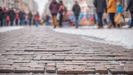 A city road made of paving stones in winter. People walk along the city streets in winter.