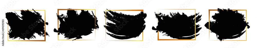 Poster Grunge vector collection of brush paint strokes. Set of splashes isolated on transparent background. Punk style dirty brushstroke background textures in golden frames. 
