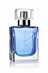 Elegant white bottle of blue perfume isolated on a white, Generative AI 
