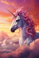 beautiful magical unicorn with pink color hair in the sky with pink and purple clouds