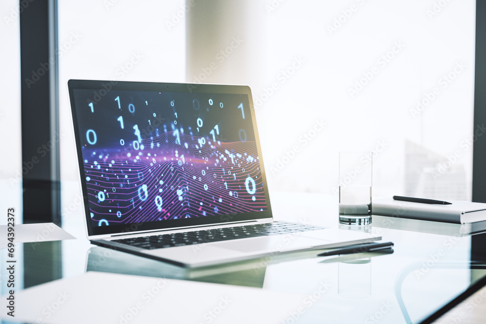 Poster Creative concept of binary code illustration on modern laptop screen. Big data and coding concept. 3D Rendering