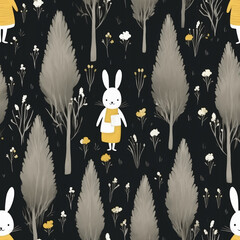 Charming seamless pattern featuring watercolor illustrated bunnies in yellow dresses among delicate white flowers and gray foliage on a dark background