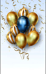 golden and blue balloons, ribbons. card for birthday, anniversary, new year, Christmas generative AI