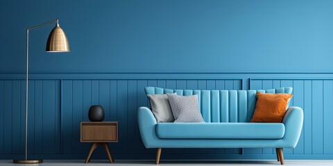 Blue trendy living room with a stylish grey lamp.