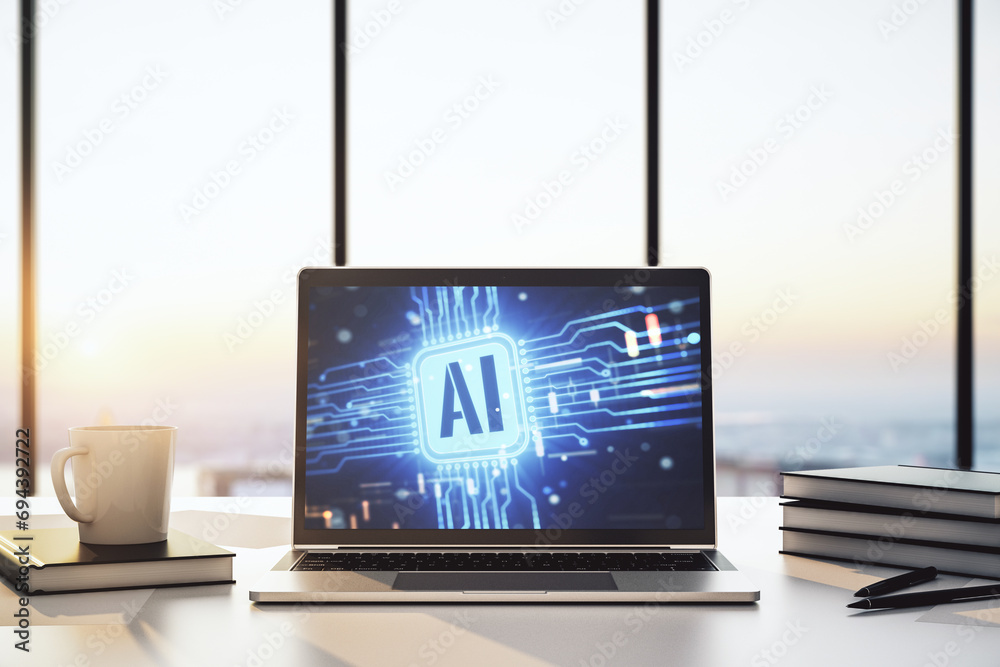 Fototapete modern computer monitor with creative artificial intelligence icon. neural networks and machine lear