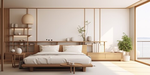Minimalistic interior design for small condominium featuring a Japanese-inspired aesthetic with a white and wood bedroom and sofa area.