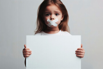 Little Girl with gagged mouth holding white poster on solid white background. ai generative - obrazy, fototapety, plakaty