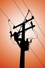 The power lineman use clamp stick (insulated tool) to closing a transformer on energized high-voltage electric power lines. The power lineman must be trained because it is a risky job.