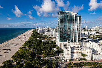 Fototapeta premium Miami Beach, Florida, USA - Aerial view of The Setai and other hotels near South Beach