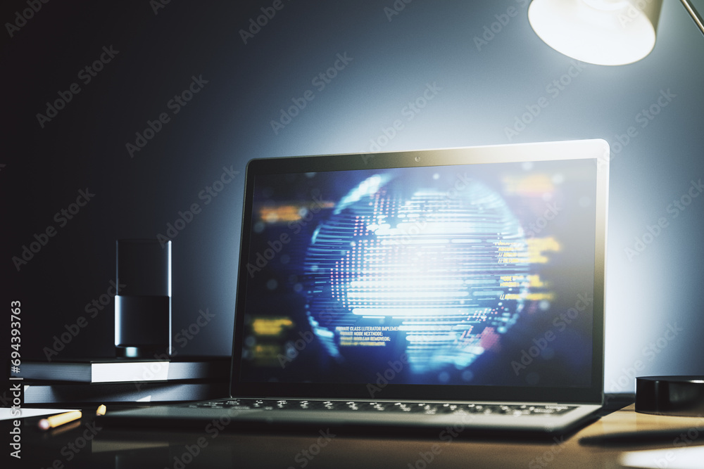 Leinwandbilder modern computer monitor with abstract programming language with world map, research and development 