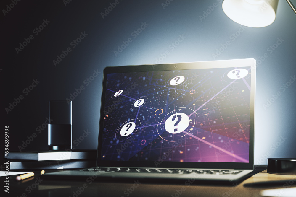 Aufkleber creative abstract question mark hologram on modern computer monitor, future technology concept. 3d r