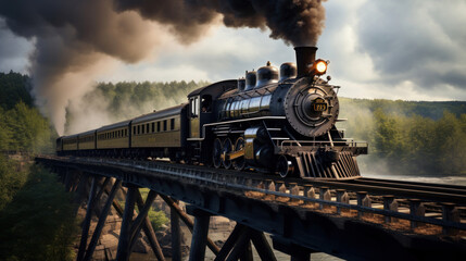 Majestic Black Steam locomotive belching smoke as it goes over a trestle during the American - obrazy, fototapety, plakaty