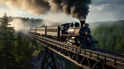 Majestic Black Steam locomotive belching smoke as it goes over a trestle during the American - obrazy, fototapety, plakaty