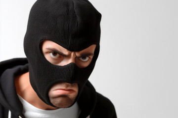 Portrait of angry Man in a robber mask on a white background. ai generative