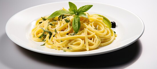 Vegan Italian pasta dish photography featuring creamy lemon pasta served on white plates.