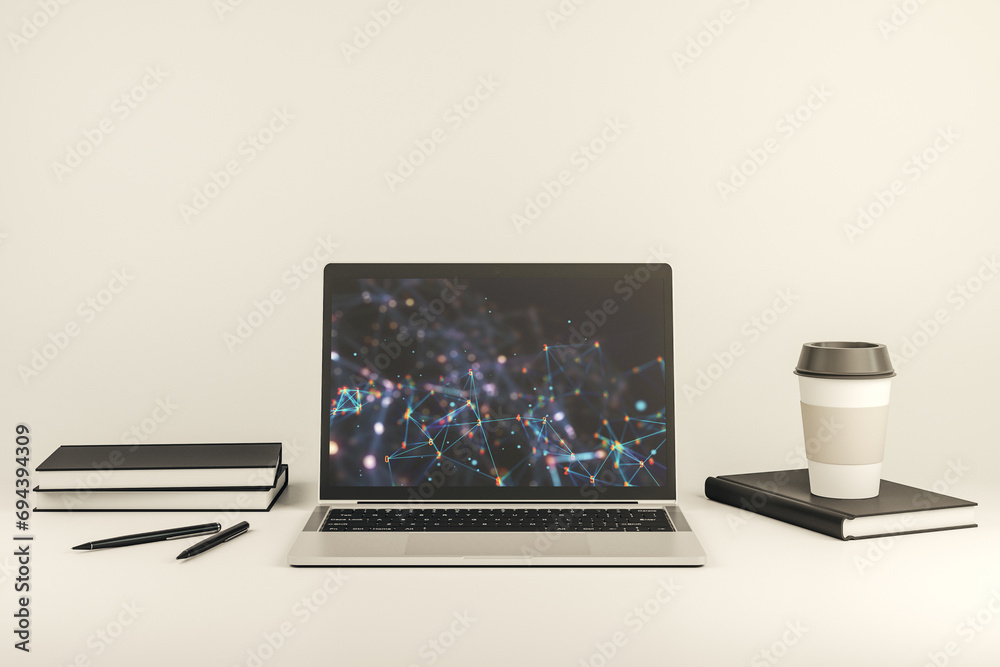 Fototapete creative abstract wireless technology hologram on modern computer monitor, artificial intelligence a