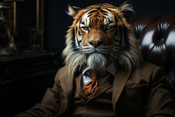 a tiger in a classic costume. a businessman with the head of a tiger. a feline predator.