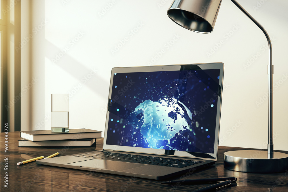 Fototapete modern computer screen with abstract graphic coding sketch and world map, big data and networking co