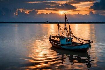 Fototapeta na wymiar fishing boat during the dusk. With Le Morn Brabant in the backdrop. panoramic view