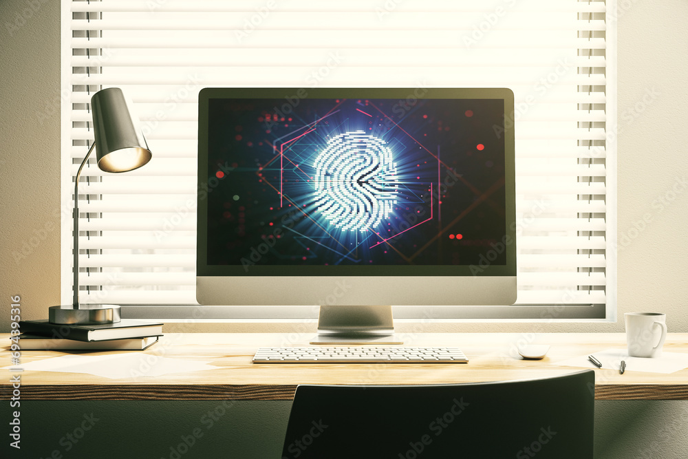 Poster Abstract creative fingerprint hologram on modern computer monitor, protection of personal information concept. 3D Rendering