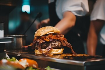 Fast food order preparation chef burgers cooking meat steak meal restaurant indoor service...