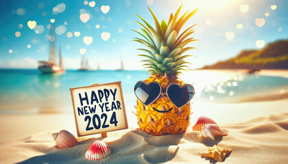 Tropical New Year Celebration, Pineapple with Sunglasses on the Beach. - obrazy, fototapety, plakaty