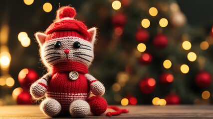 Cute knitted toy kitten with red hat on a blurred fir tree garland lights background with copy space. Amigurumi Christmas gift handmade animals.Generative AI