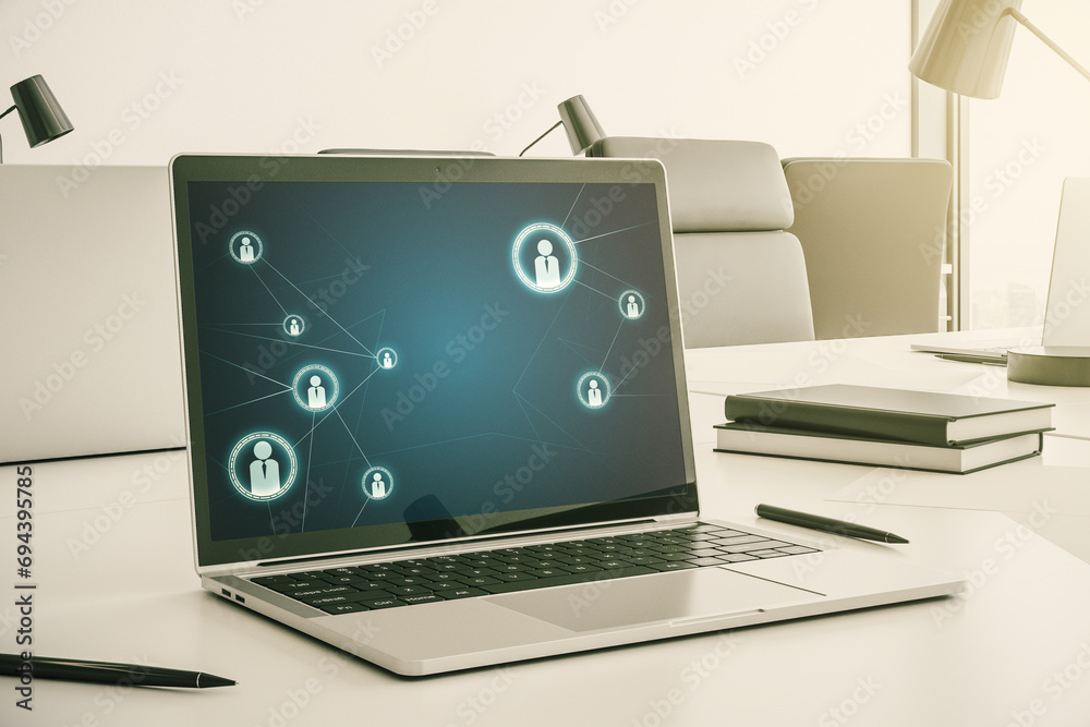 Aufkleber Modern computer monitor with social network icons concept. Marketing and promotion concept. 3D Rendering