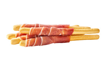 Parma ham prosciutto with Italian grissini breadsticks isolated on white background.