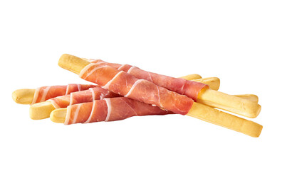 grissini or breadsticks with parma ham prosciutto isolated on white background. breadsticks with prosciutto isolated .